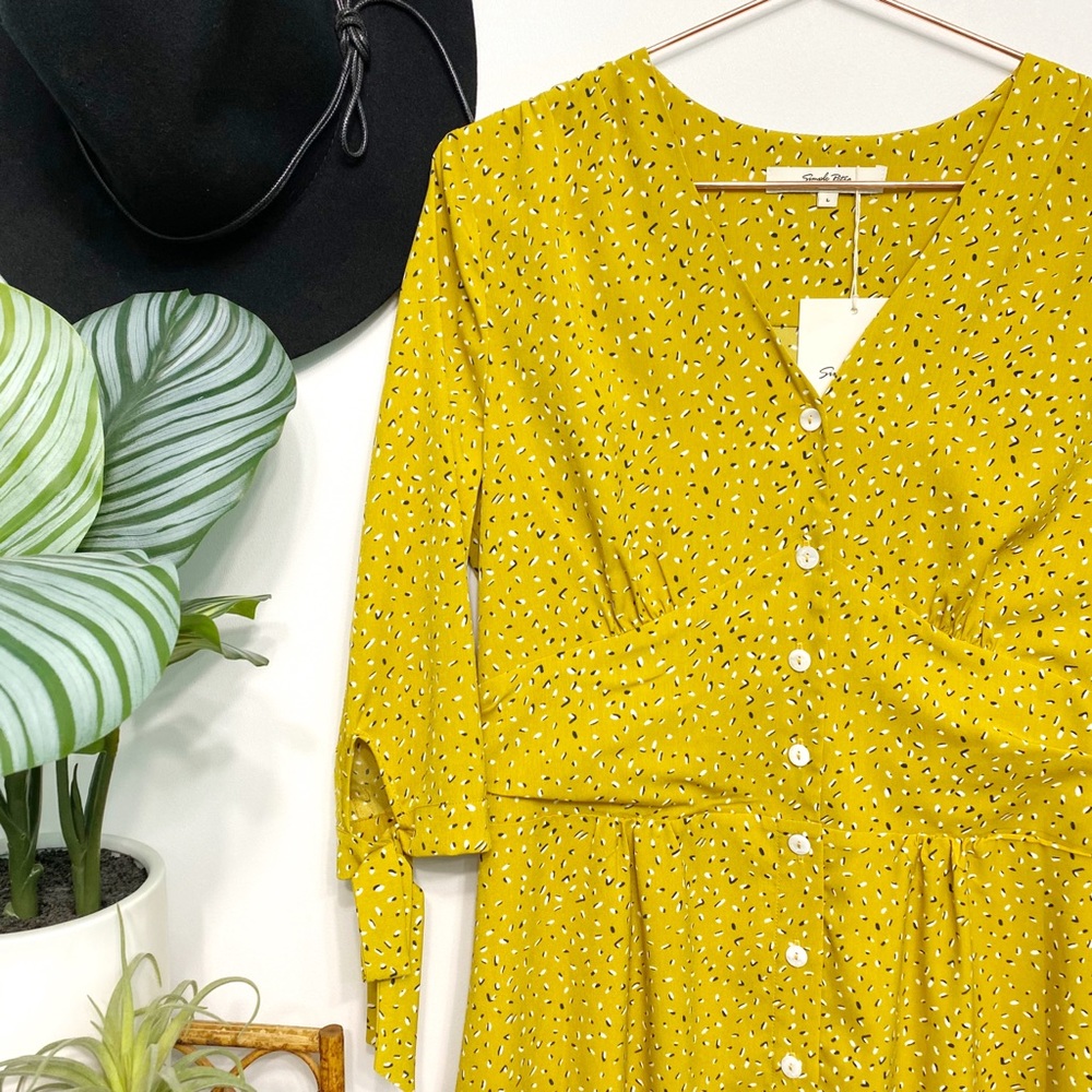 modcloth | simple retro mustard geo print tie-sleeve midi dress l - Picture 5 of 12